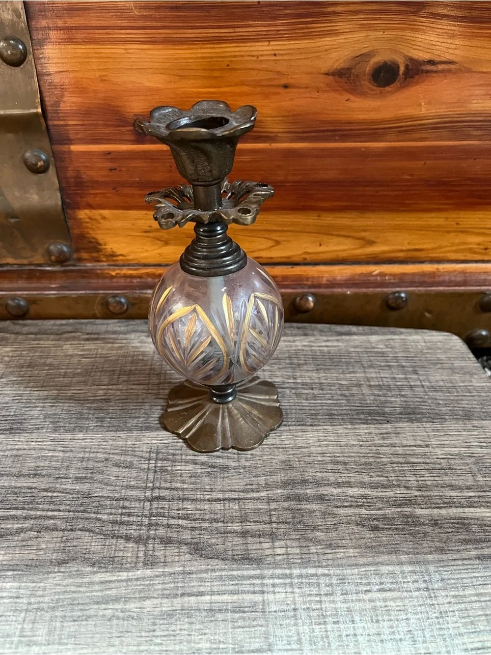 Ornate Vintage Glass & Metal Decorative Candle Holder-Gold Accents. No chips
